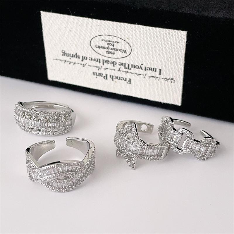 Zircon T Square Full Diamond Opening Ring Horseshoe Star Exquisite High-End Isn'T The Wind Super Flash Ring Woman
