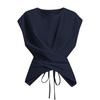 Women White Crew Neck Sleeveless Criss Cross Tie Waist Fitted Casual Blouse