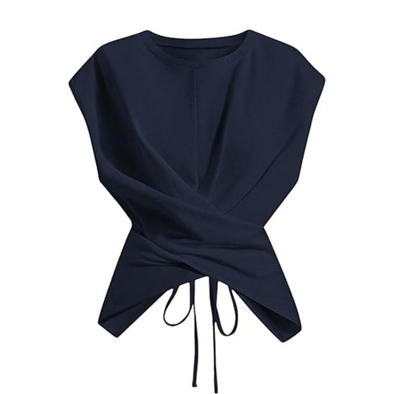Women White Crew Neck Sleeveless Criss Cross Tie Waist Fitted Casual Blouse