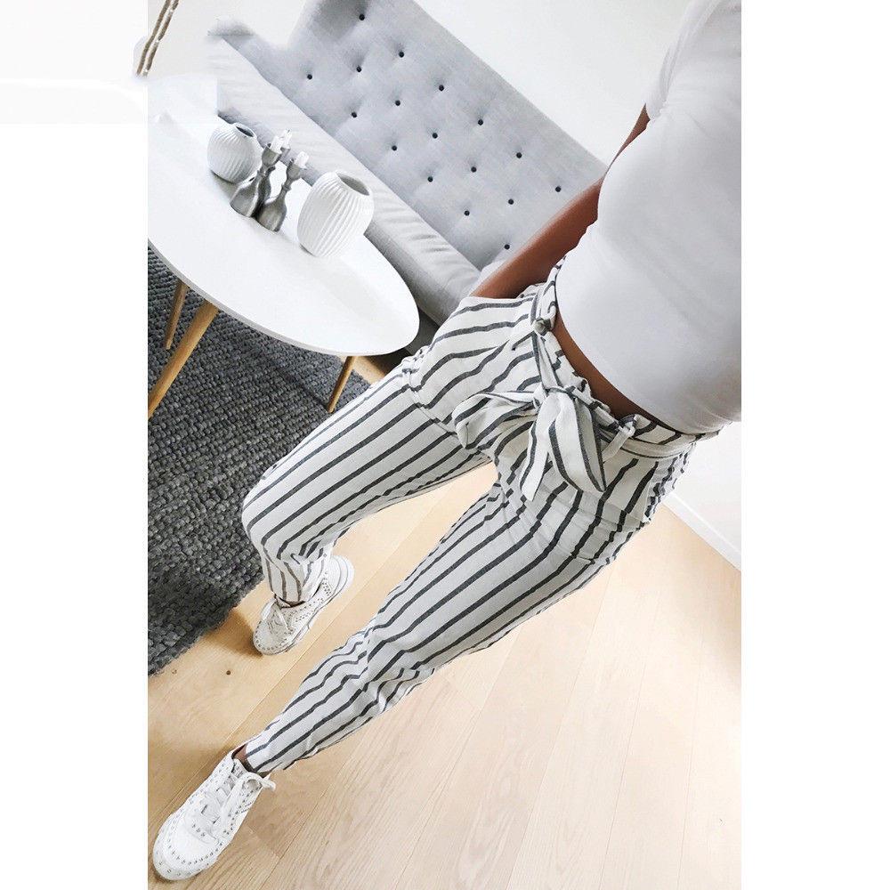 Skinny Women Striped Long Jeans Tie High Waist Ladies Pants Trouser