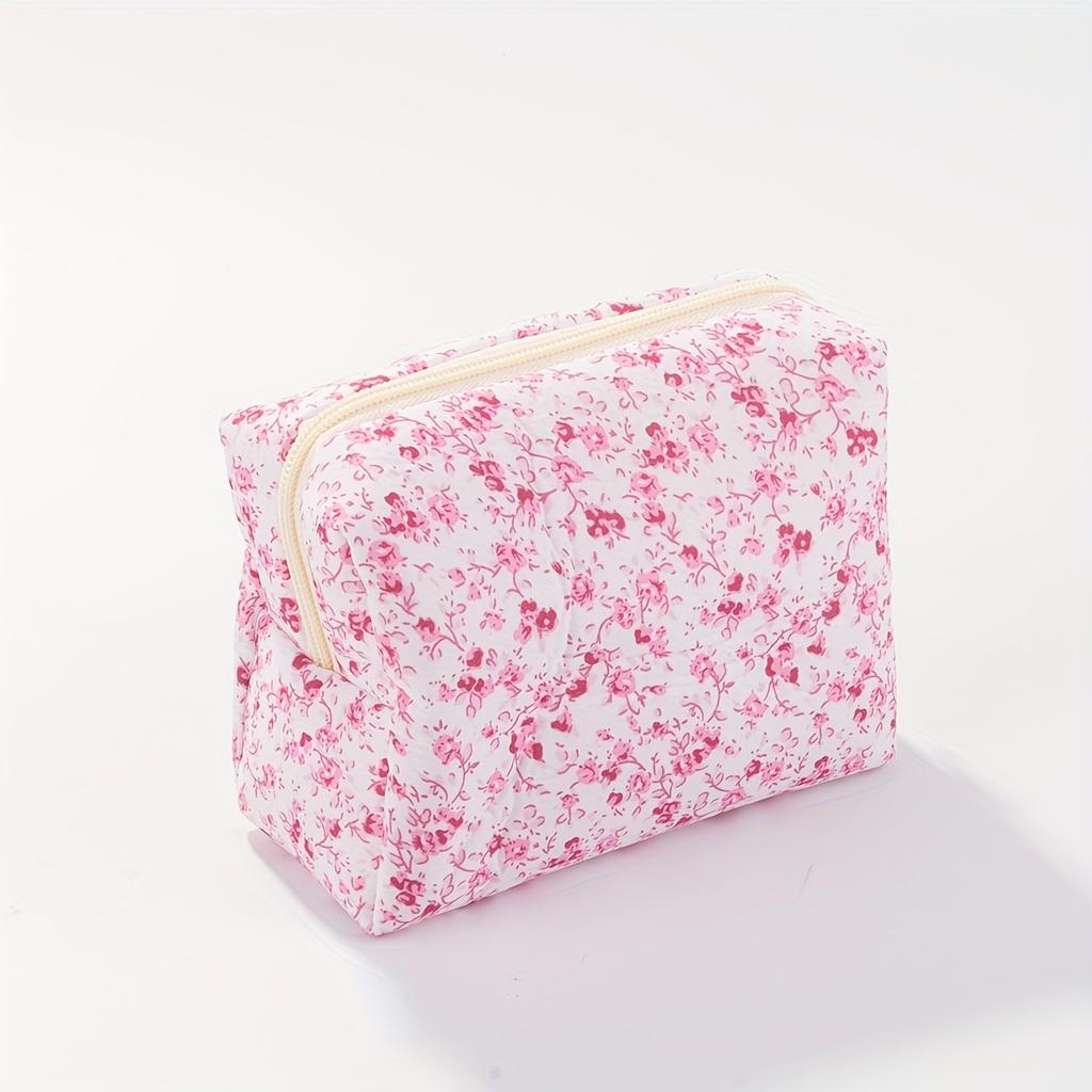 1Pc Flower Printed Quilted Makeup Bag, Puffy Zipper Design, Large Capacity Cosmetic Organizer for Travel & Toiletries