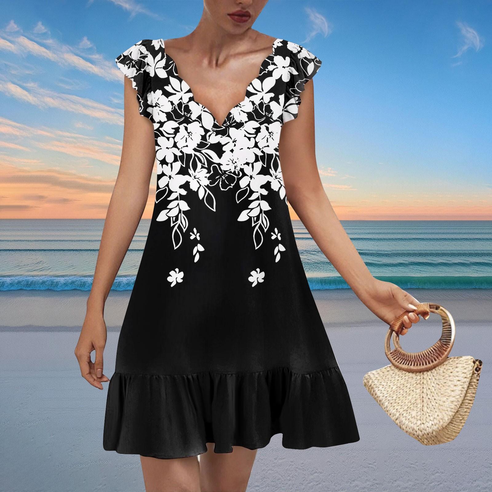 

Женское модное повседневное платье с V-образным вырезом и волнистым краем с цветочным принтом и коротким рукавом XL белый