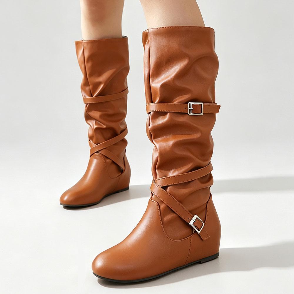 Large Size 48 Vintage Y2K Buckle Straps Fall Winter Knee‑High Boots Women Shoes Brown Hidden Wedge Heel Pleated Western Boots