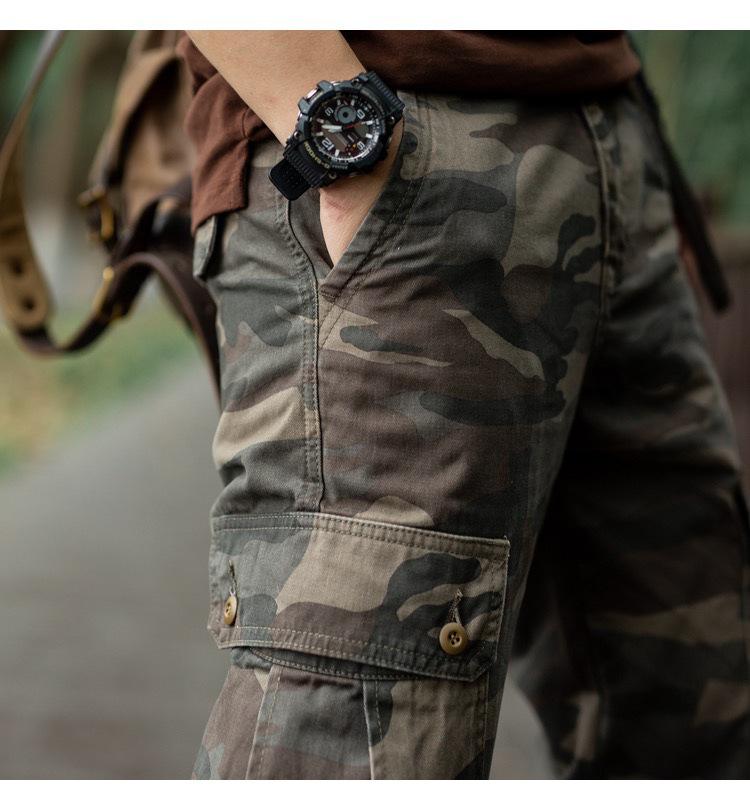 Men's Heavyweight Cotton Camo Jogger Pants - Loose, Multi-Pocket, for Autumn.