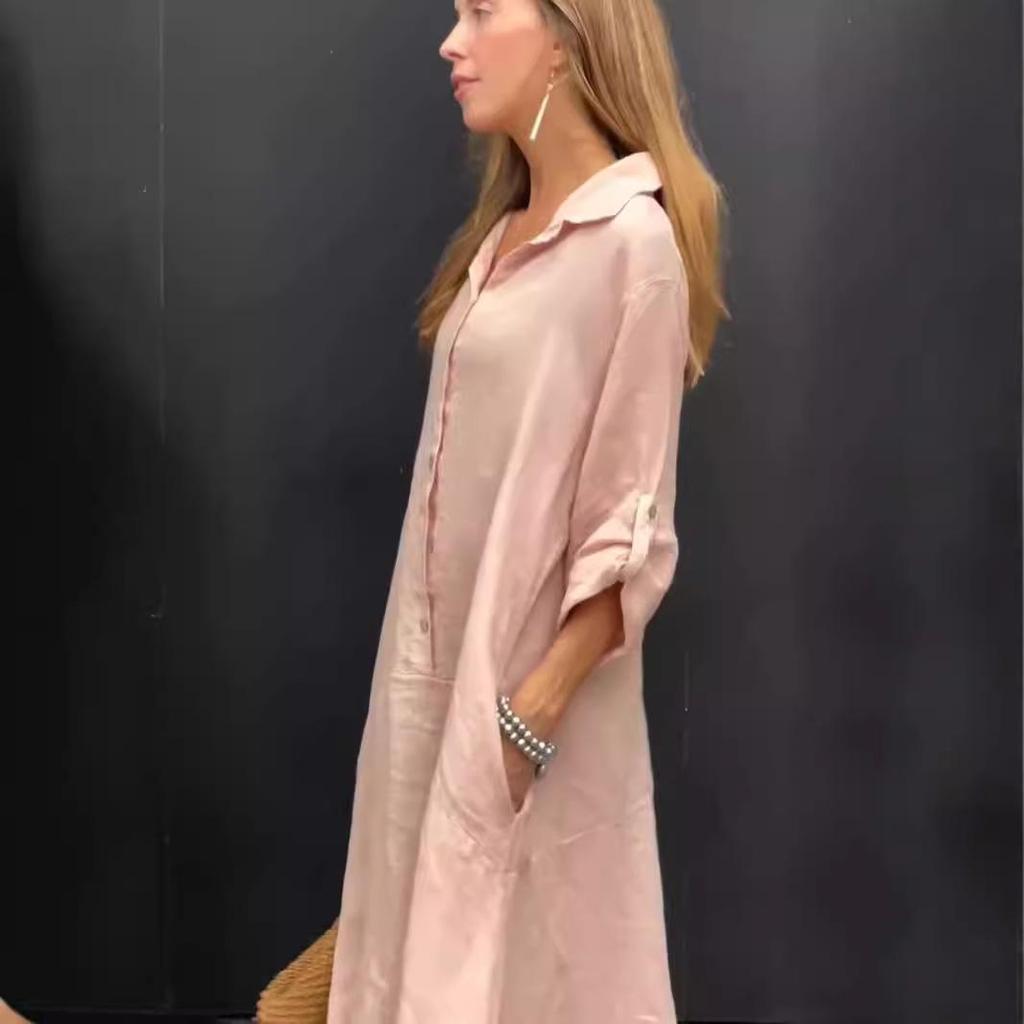 2024 Summer Women's Casual Plus Size Cotton Linen Pocket Shirt Collar Dress