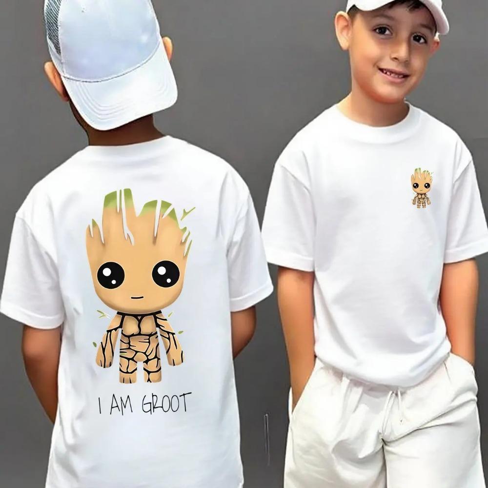 Cartoon Casual T-shirt Groot Boys and Girls Comfortable T-shirt Summer Children's Round Neck Short-sleeved Top