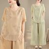 Retro Embroidered Silk & Linen Women's Two-Piece Set: Artistic Loose Round Neck Shirt & Elastic Waist Wide-Leg Pants