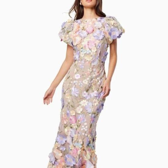 Women Fishtail Dress Round Neck Puff Short Sleeve Embroidered 3D Flower Decor Midi Dress Hip Wrapped Long Dress