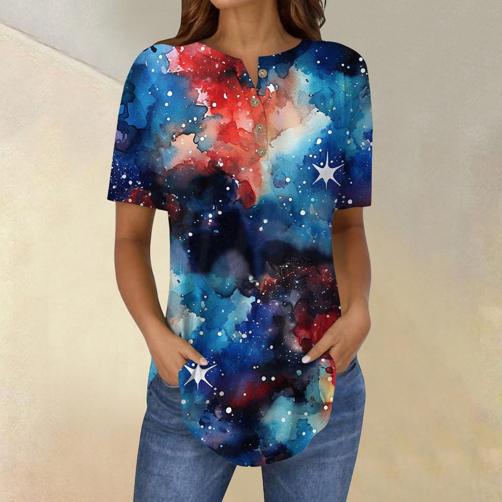 Short Sleeve Womens Tops Summer T-Shirts Print V Neck Casual Basic Tee Button Shirts Tunic Tops Independence Day