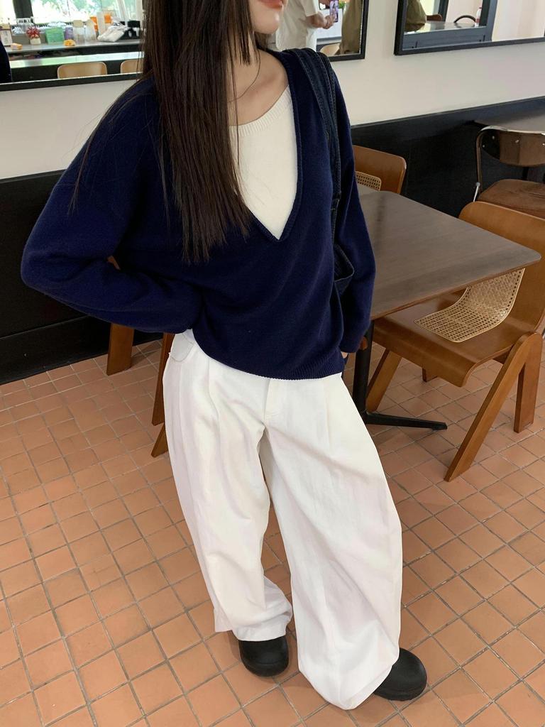 Women's Navy Blue Two-Piece Style Knit Sweater: Autumn/Winter, Loose Fit, Long-Sleeved, Korean-Inspired.