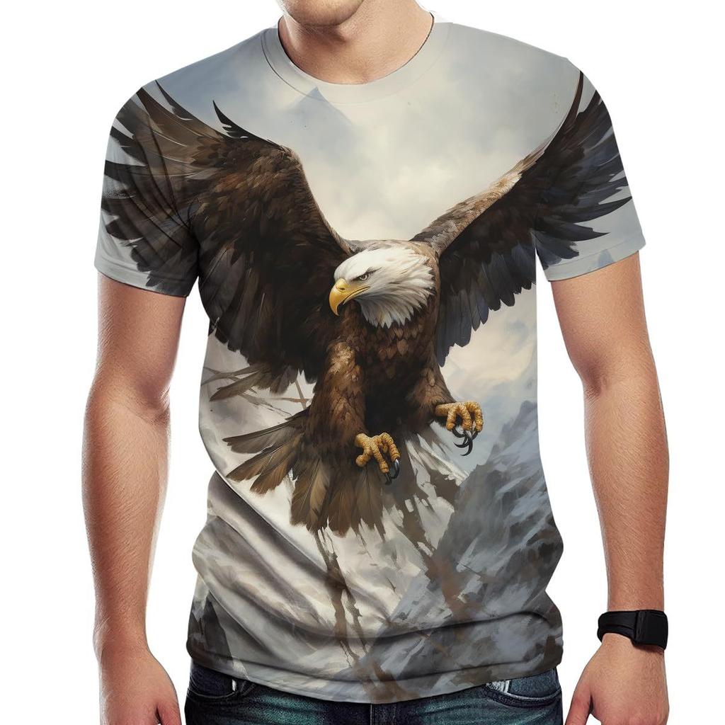 Summer Round Neck 3D Eagle Print T-shirts Fashionable Casual Short Sleeved Men's T-shirts