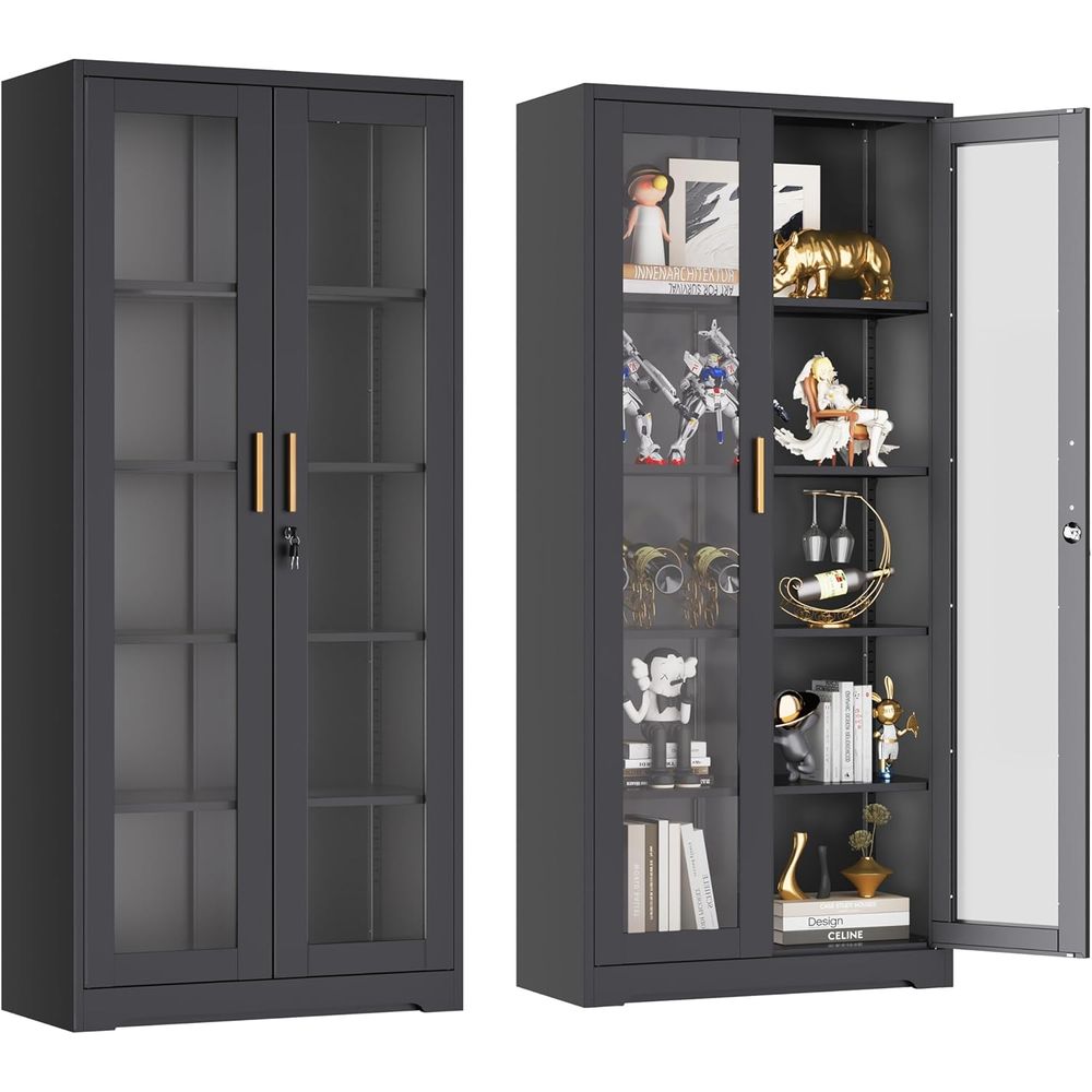 Black Glass-Door Lockable Display Cabinet with 4 Adjustable Shelves, Ideal for Liquor, Books, and Living Room Storage