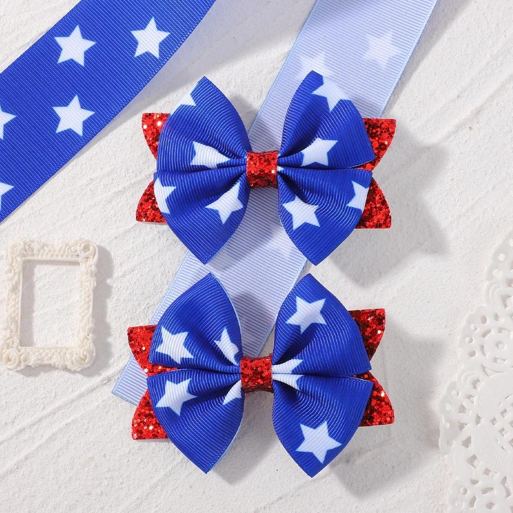 2pcs/set Independence Day Hair Bows Clips for Women Girls Glitter Star Ribbon Bowknot Hairpin American Flag Hair Accessories