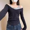 Autumn and Winter Pure Lace Fake Two Warm Top Female with Chest Pad Off-shoulder Long Sleeve Slim Bottom Shirt