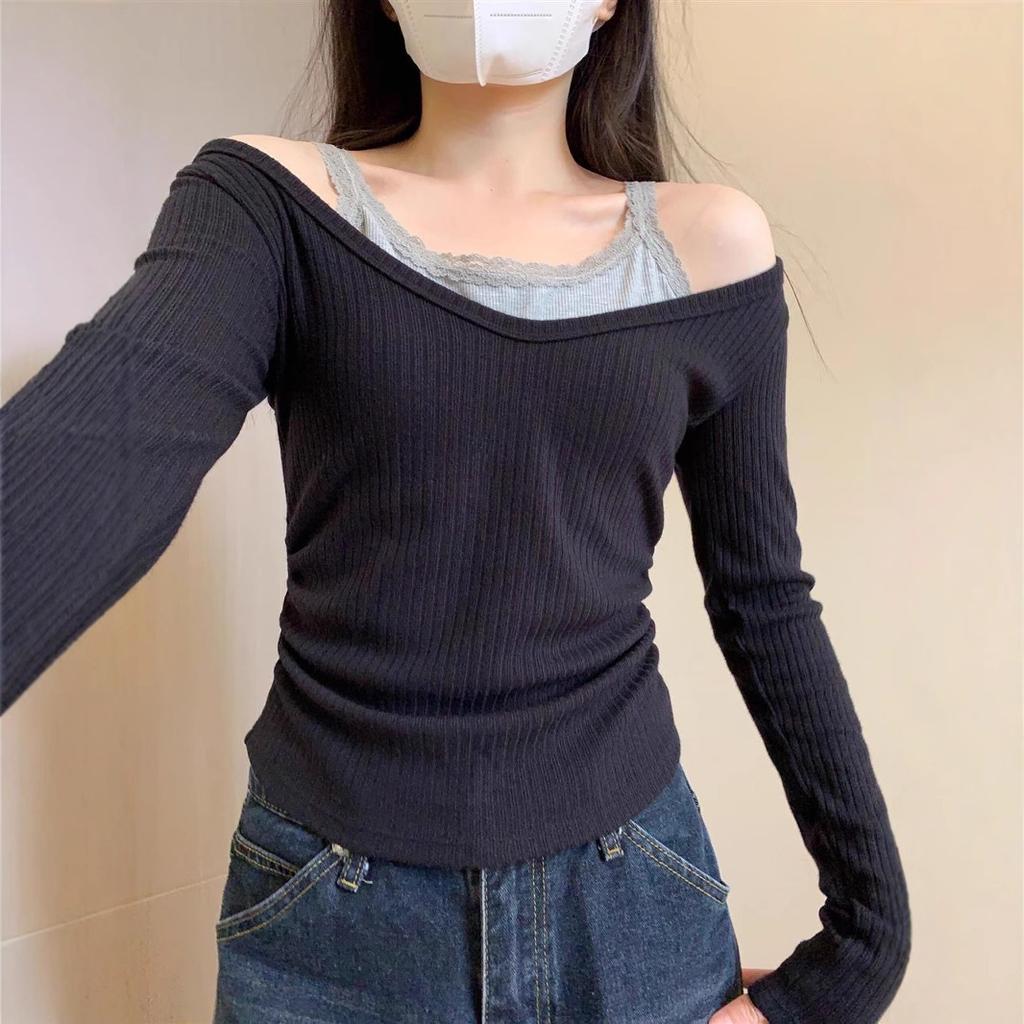 Autumn and Winter Pure Lace Fake Two Warm Top Female with Chest Pad Off-shoulder Long Sleeve Slim Bottom Shirt