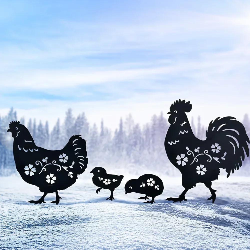 4pcs Garden Rooster Hen Chick Metal Decorative Creative Yard Chicken Family Insert Card Lawn Chicken Garden Plug Craft