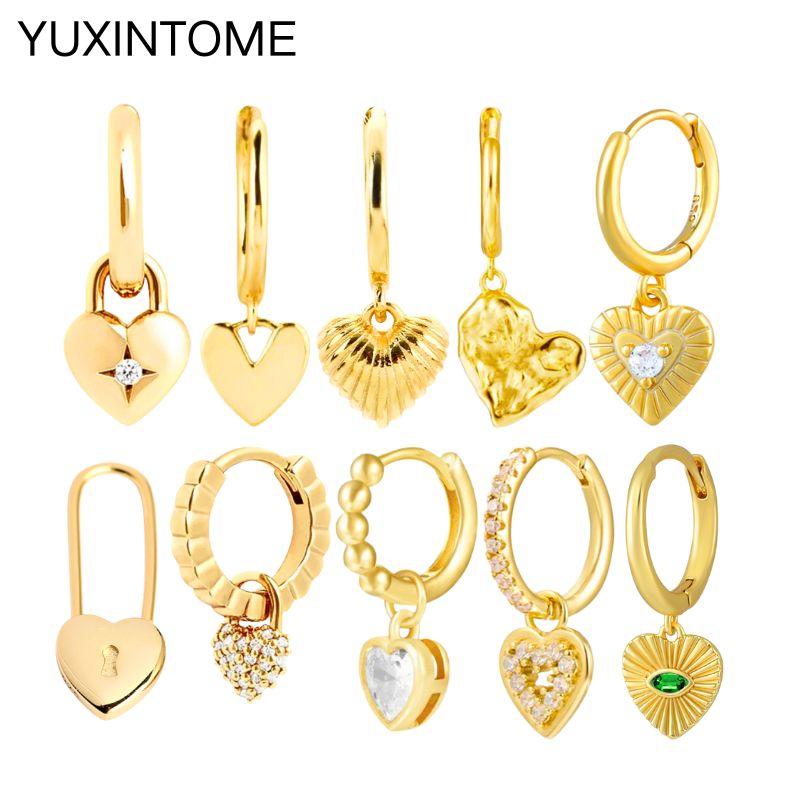 925 Silver Ear Needle Exquisite Heart Pendant Hoop Earrings Fashion Geometric Zircon Stud Earrings Women's Fine Jewelry