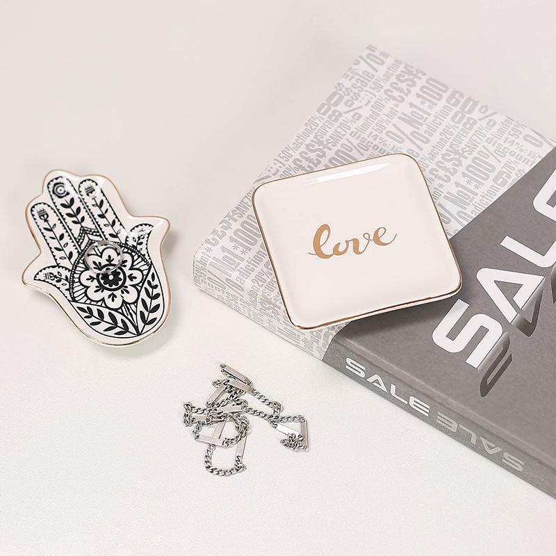 Hand-Shaped Gold Rim Ceramic Jewelry Tray with Custom Logo Design