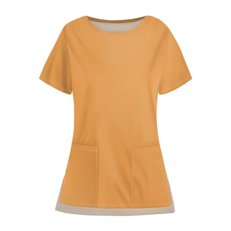 Casual Protective Top Work Uniform Open Hem Pocket Neck Round Solid Color for Women