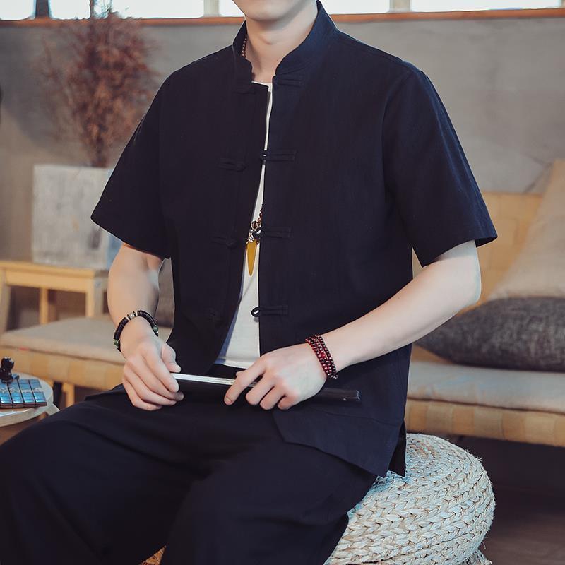 Men's Summer Tang Suit: Loose Stand-Up Collar, Chinese-Style Hanfu Zhongshan with Short Sleeves In Cotton and Linen