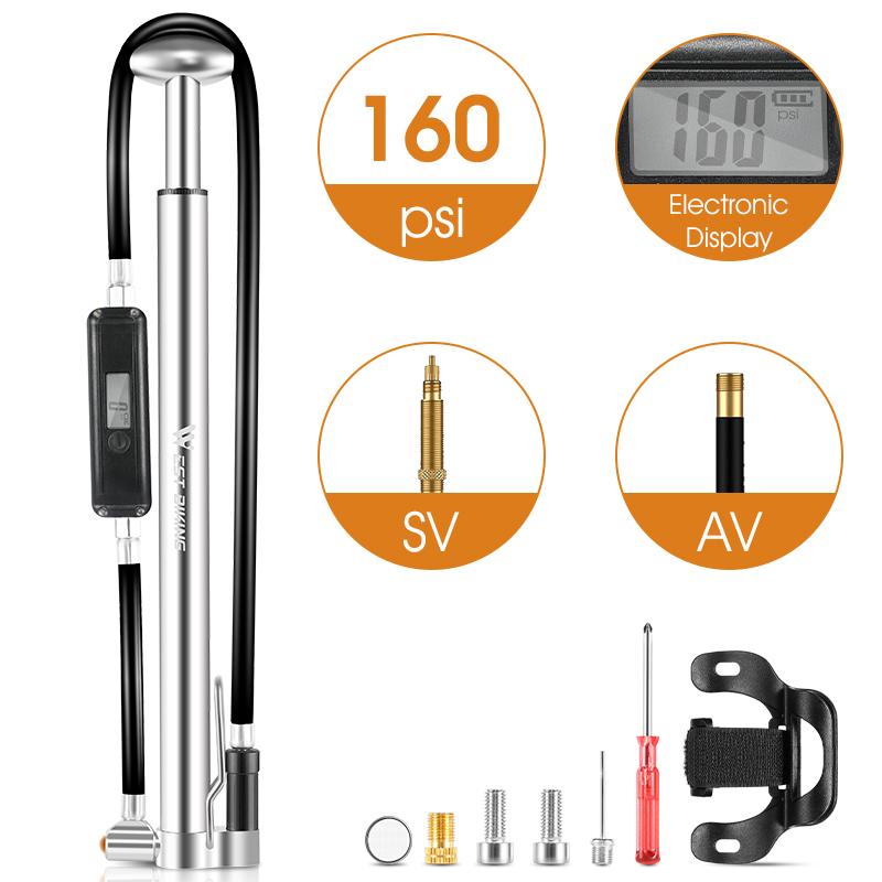 WEST BIKING Portable Bike Pump High Pressure Digital Gauge Hose MTB Road Bicycle Pump Schrader Presta Valve Cycling Hand Pump