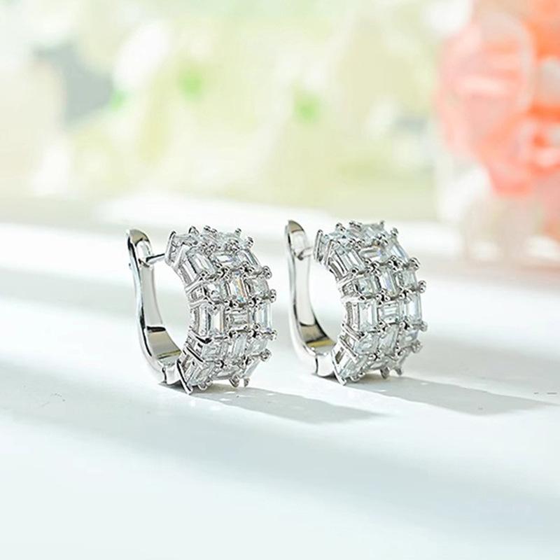 European and American Three-row Dense Zircon Earrings, Casual and Fashionable High-end Earrings, Simple and Super Flash Exquisite Earrings