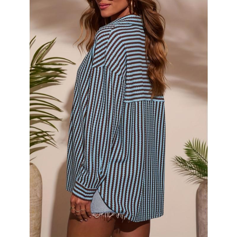 2026 Elegant Women Vertical Striped Pattern Loose Long Sleeve Shirt Spring Office Casual Blouse Autumn Fashion Simple New Vacation Tops