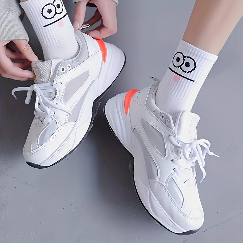 5 Pairs Women's Cartoon Face Socks - Breathable Mid-Calf with Playful Eyes Nose Mouth, Pastel Spring Fall Cute Socks