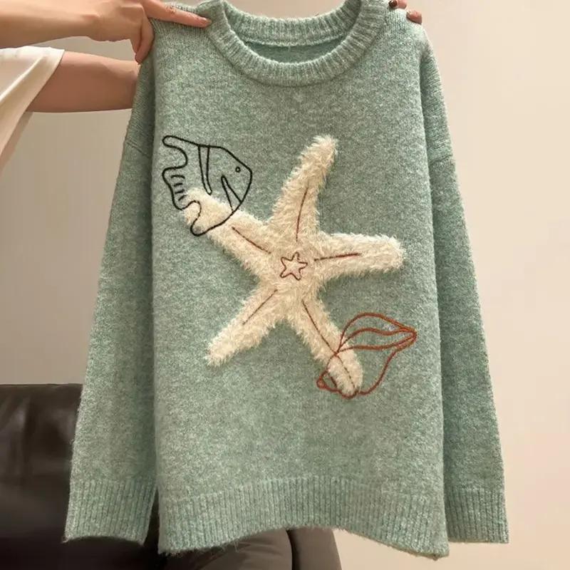 Свитер для женщин зимний хлопковый утолщенный пуловер теплый вязаный эластичный с длинным рукавом оверсайз джемпер свитер топы L зелёный