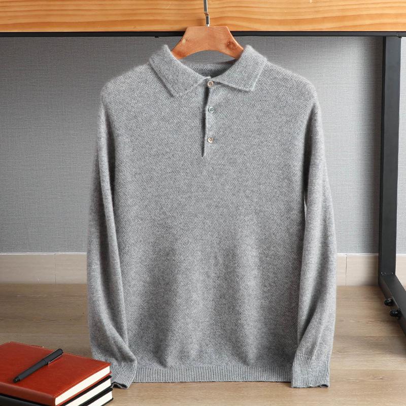 

Men s Knitted Pure Wool Polo Shirt - Long-Sleeve Turn-Down Collar for Business Casual Wear Small