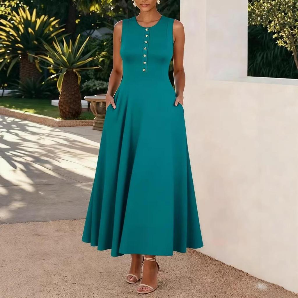 2026 Summer Casual Sweet Loose Sleeveless Round Neck Long Dress for Europe and America
