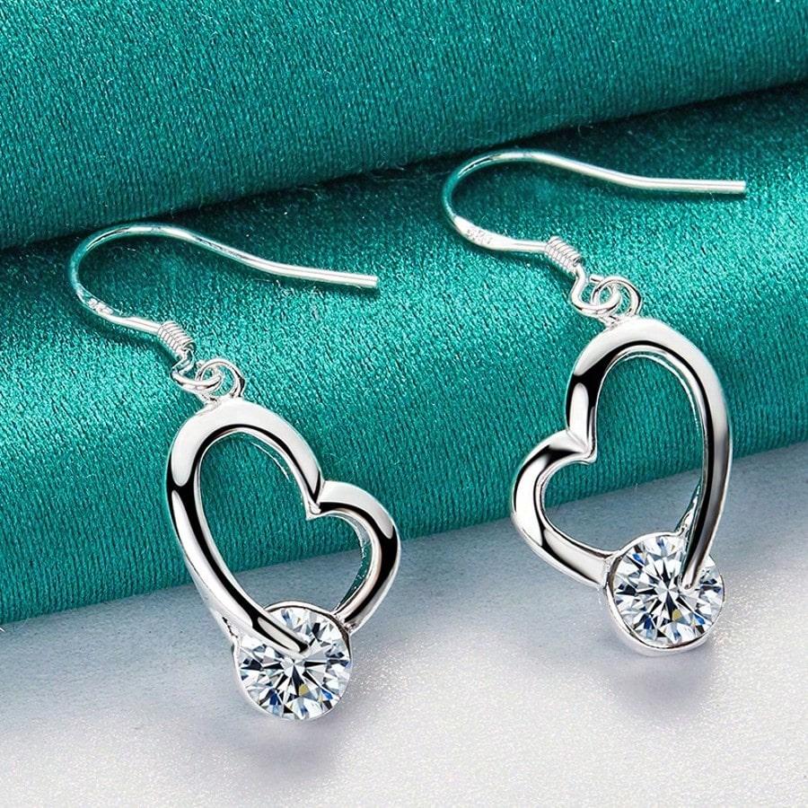 Sterling Silver Plated Heart Zirconia Earrings Eardrop For Women Charm Wedding Engagement Fashion Jewelry