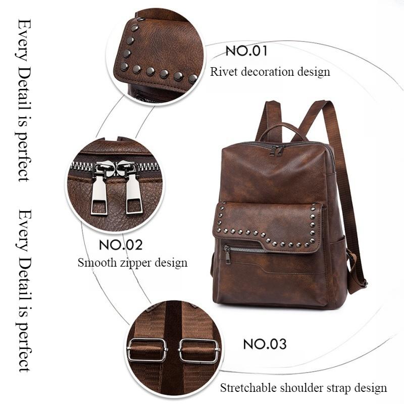 European and American Retro Versatile Women's Backpack High Quality Soft PU Leather College Student Rucksack Trendy Fashion Rivet Outdoor Travel Bag