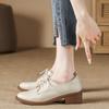 Fashion 2025 Solid Color Office Shoes Lace Up Round Toe Soft Bottom Thick Heels Leisure Pumps Leather Comfortable Mid Heels Women Shoes