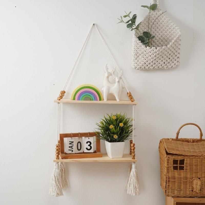 Unique Decorative Floating Tassels Shelf Wood Wall Mounted Storage Rack for Living Room Stylish Bedroom Organizer