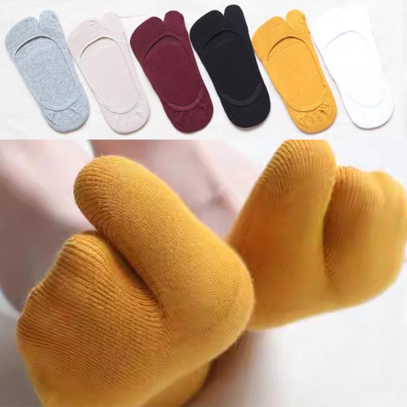 5pairs Two Finger Socks Summer Combed Cotton Couple Tabi Sock Two Toe Socks Women Men Non-slip Invisible Low Cut Boat Socks