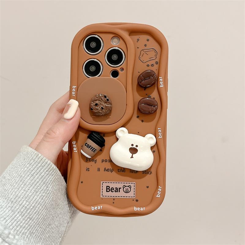 3D Kávový Kreslený Medvěd Pouzdro na Telefon s Poutkem na Zápěstí Pro iPhone 17 16 15 14 13 12 Pro Max Posuvný Kryt s Posuvným Krytem Fotoaparátu Odolný proti Nárazům