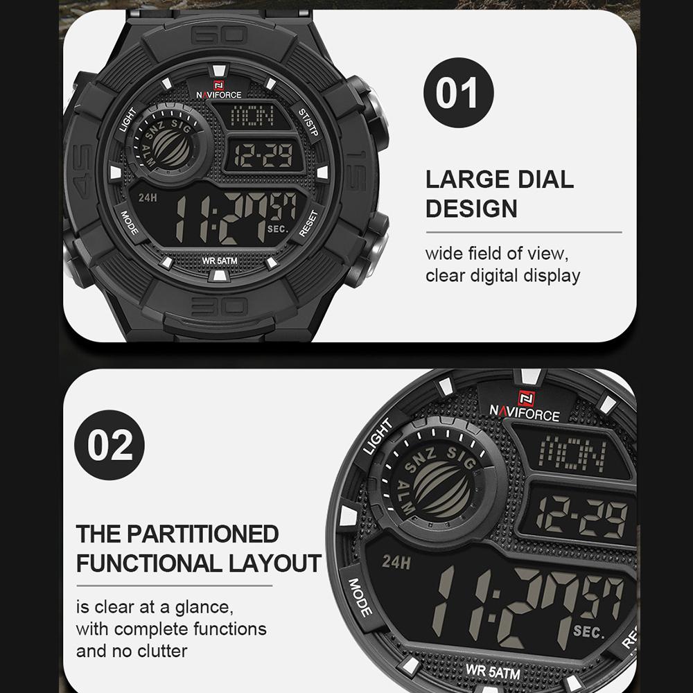 Naviforce Men LCD Watch Ditital Movement Lightweight Silicone Strap 50m Waterproof Calendar Date Alarm Night Pattern Boy Gift Watch NF7131
