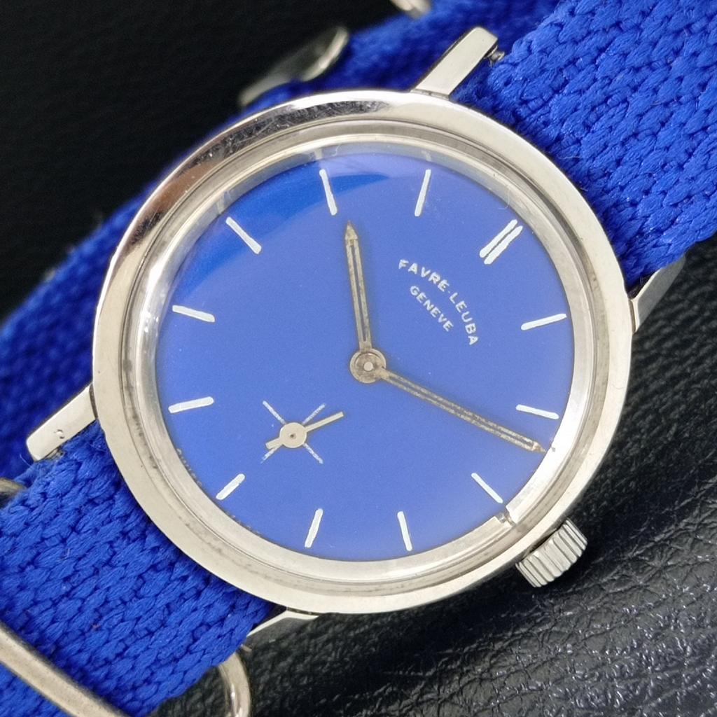 HAND-WINDING VINTAGE FAVRE LEUBA SWISS MENS BLUE COLOR DIAL WATCH A436436-2 R129-a436436