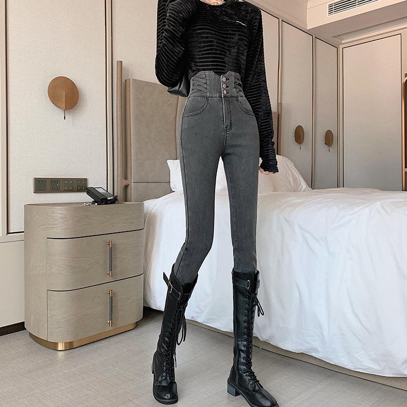 

KOSY Women s High Waist Jeans Straight Elastic Slim Long Denim Pants Vintage Pencil Pants L