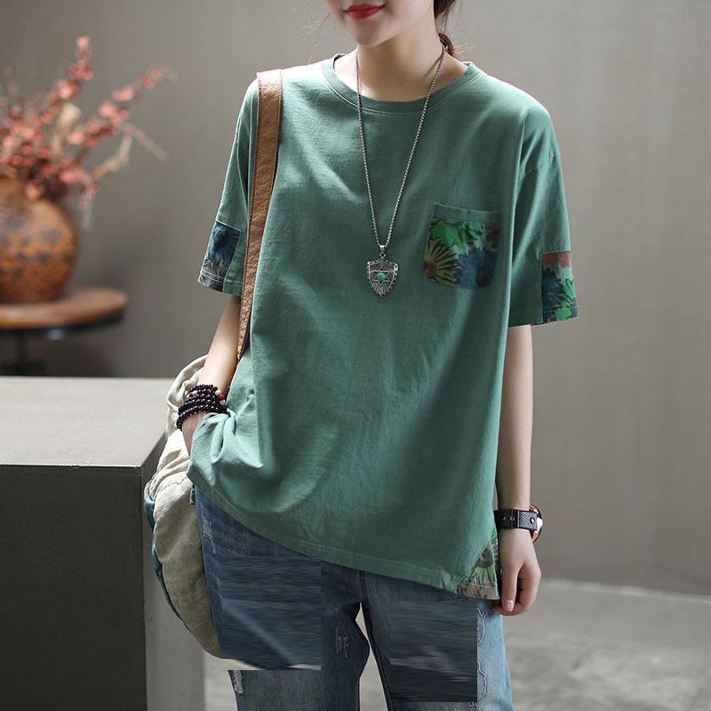 Dimanaf Summer Women T-Shirt Cotton Tshirt Fashion Floral Print Patchwork Tops Tees Home Wear Shirt Loose Casual