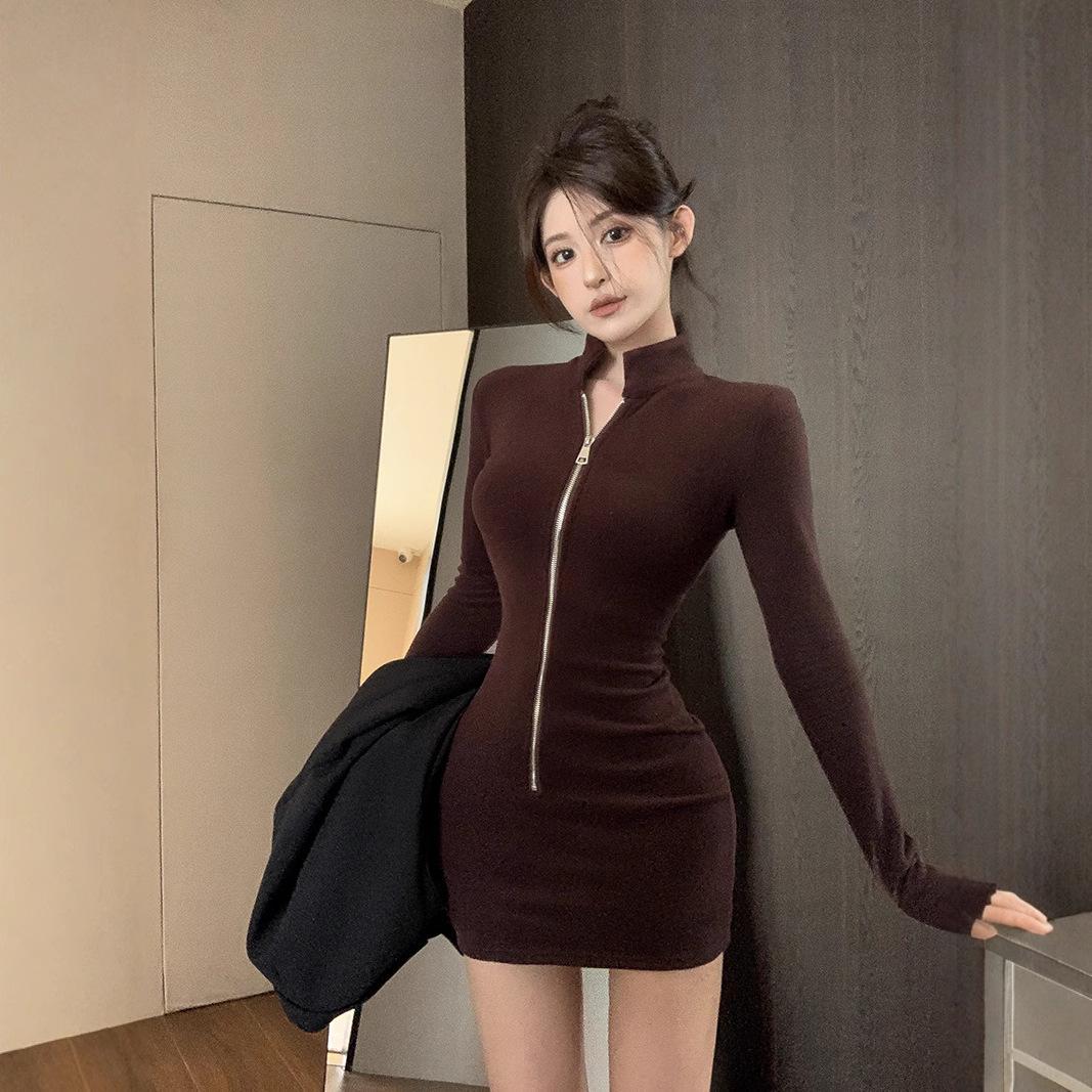 

Spicy American Stand-up Collar Fleece-lined Bodycon Dress - Slimming & Hip-hugging M чорний