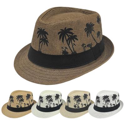 Vacation Beach Hat, Straw Woven Sun Protection Hat with Coconut Tree Pattern, Retro Jazz Style Hat for Summer Vacations Pool Parties