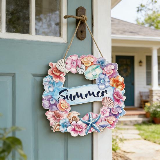 Summer Flower Shell Seastar Welcome Sign for Front Door Wooden Wall Hanging Sign Coastal Beach Round Wreath for Outside Porch Decor