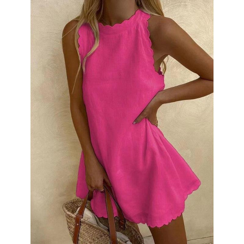 Fashion Sleeveless Solid Mini Sexy Dress Women Summer O-neck Ruffle Cotton Linen Dress Casual Beach White Dress Robe