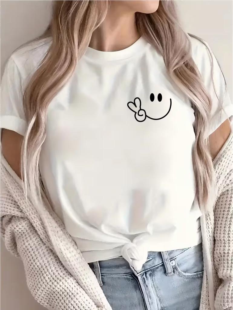 Fun Smiling Letters Pattern Tshirt Soft Breathable Casual Tee Playful Typography Top for Daily Comfort Joyful Street Fashion