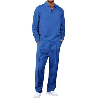Men Waffle Striped Long Sleeve Polo Top Long Pants Casual Two Piece Set