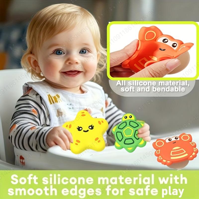 3Pcs/Set Baby Bath Toys Funny Bathing Silicone Suction Cup Spin-Along Toy - Baby Comforter,Water Play, Rotating Finger Topper