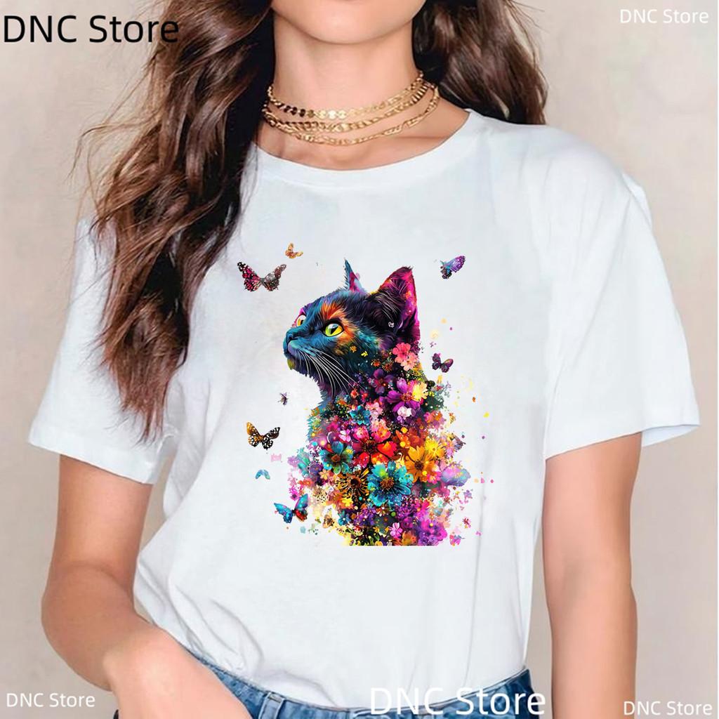 New Women'S Tshirt Funny Watercolor Butterfly Cat Animal Print Tshirt Girls Fashion Summer Female Tshirt White Short Sleeved Top