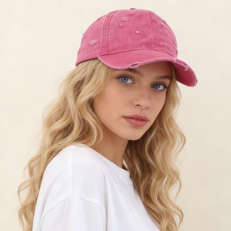 2026 Fashion Streetwear Handmade Diamond Baseball Cap Women Washed Cotton Distressed Sun Cap Outdoor Rhinestone Snapback Hat